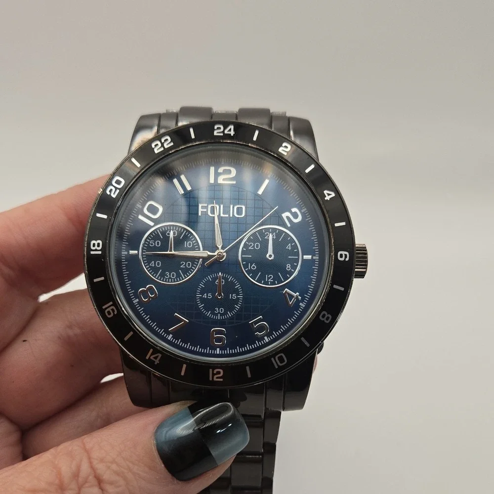 Folio FMDMSG906 Mens 55mm Chrono Blue Dial Watch. Black SS Band, New Batteries.